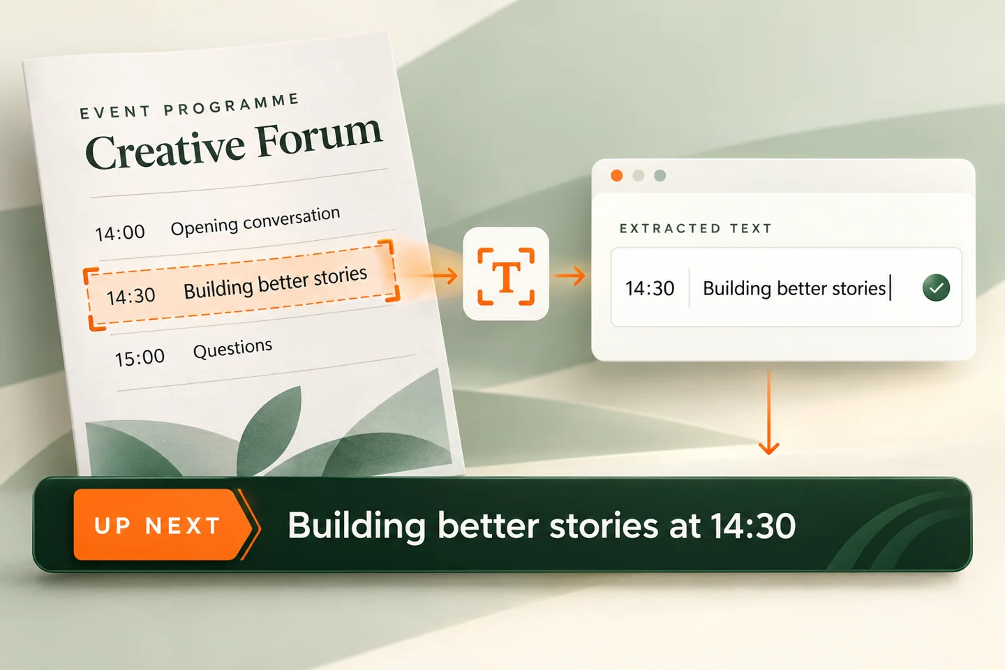 Illustrative event programme text recognition, review and conversion into a broadcast ticker